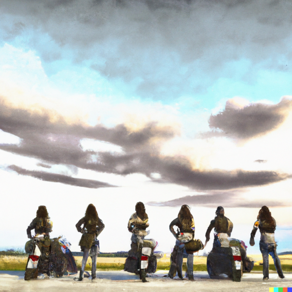DALL·E 2023-01-23 17.17.35 - group of female motorcyclist heading to horizon, painting.png